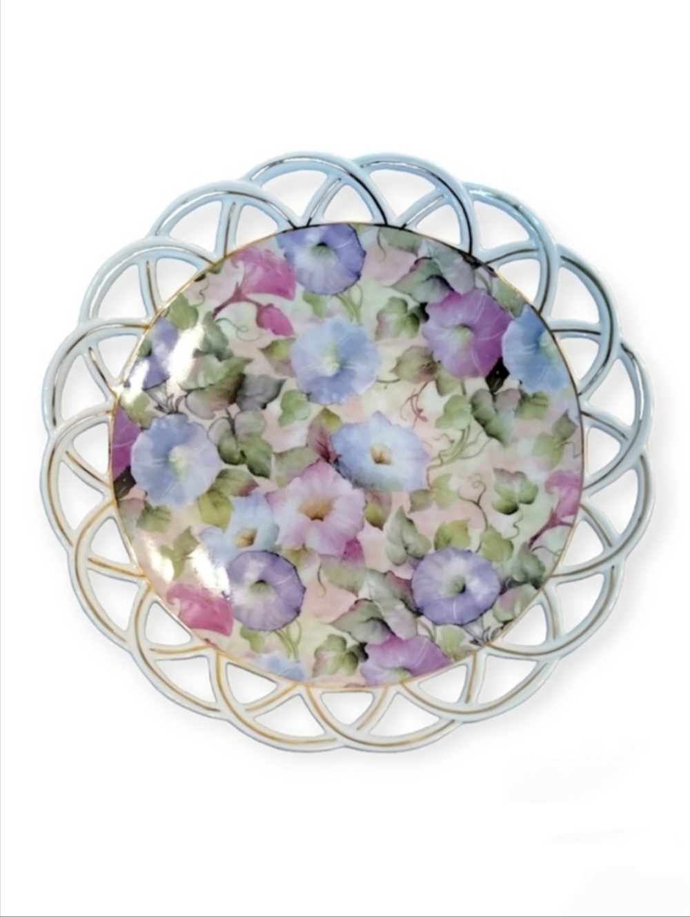 Skye McGhie Morning Glory Reticulated Floral Serving Plate 10" Gold Trim